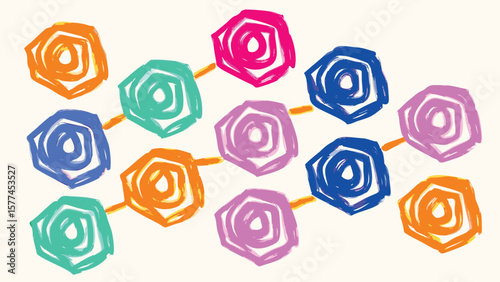 Colorful abstract flowers connected by lines in a whimsical and playful arrangement style art