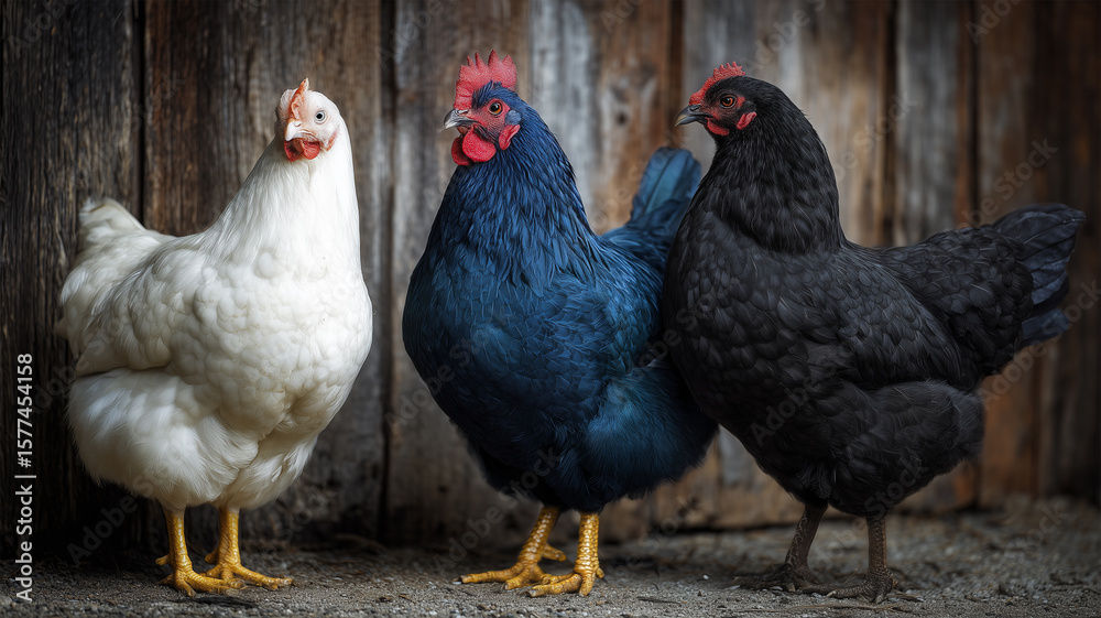 Fototapeta premium 鶏が農舎前で並ぶ品種比較写真