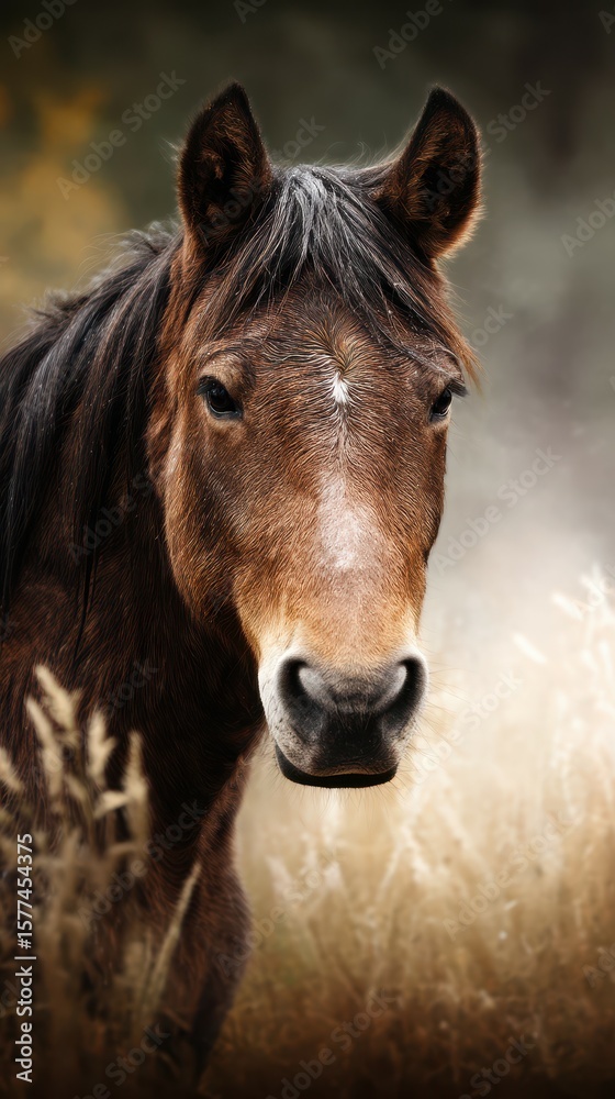 Obraz premium Brown horse standing in tall grass during a misty morning in a serene rural landscape