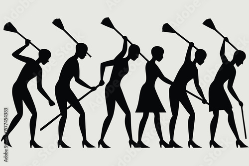 Dynamic vector silhouettes illustrating the evolution of dancing people, women, and girls at a music party