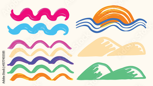 Artistic depiction of waves, sun, and hills with vibrant colors and brushstroke texture style design
