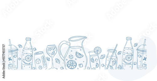Refreshing lemonade drinks displayed in various containers with garnishes and ice cubes