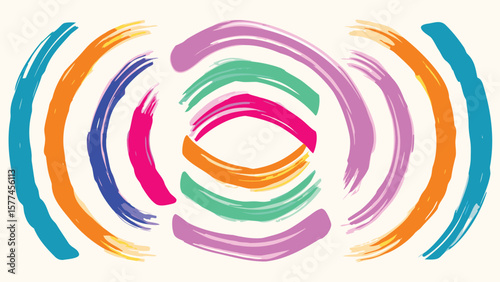 Abstract colorful brush strokes arranged in concentric semi circles on a white background design element