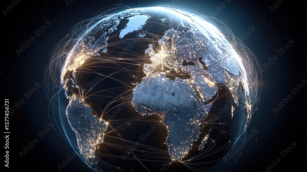 Naklejka premium Digital globe with connected trade routes, global network, world trade. 
