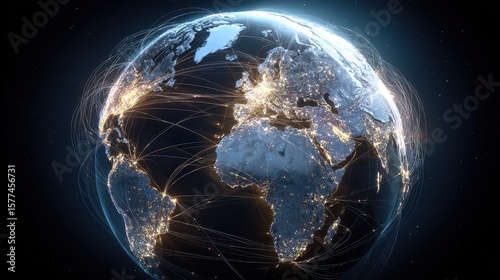 Digital globe with connected trade routes, global network, world trade. 