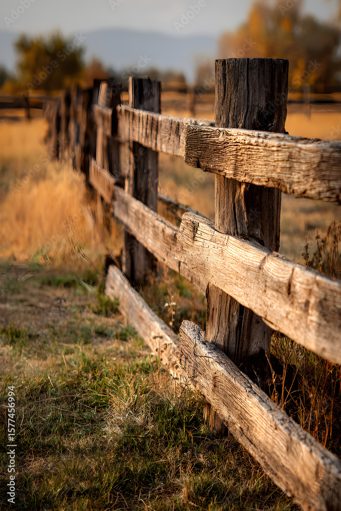Fototapeta premium Rustic Charm of a Weathered Wooden Fence in Harmonious Landscape Setting