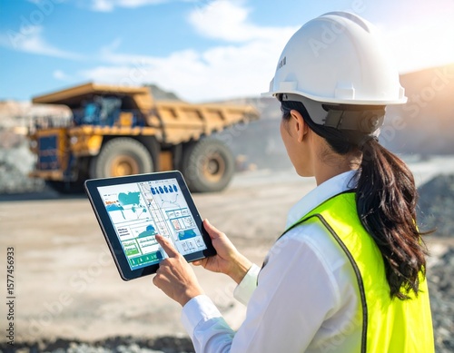 Engineer using an AI tablet to manage autonomous haul trucks in a modern mining operation