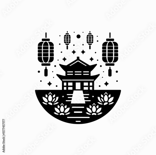 Minimalist Black Vector Logo of Korean Temple with Floating Lotus Lanterns Isolated on White Background