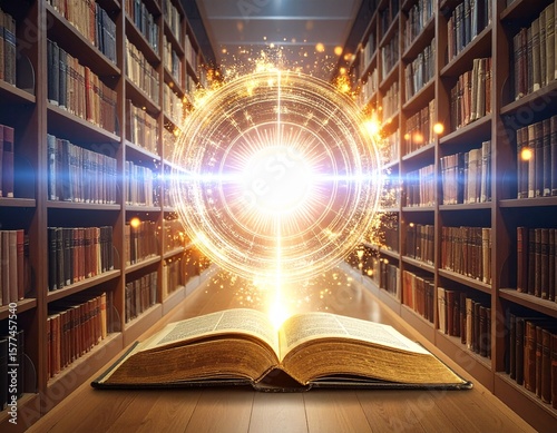 An AI core absorbing knowledge from an ancient book in a library