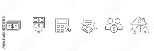 Loan and financing line icon set. Includes approval, interest rate, repayment, mortgage, agreement, penalty, rejection, calculator, credit score and credit score. Vector illustration.