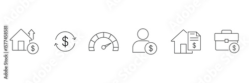 Loan and financing line icon set. Includes approval, interest rate, repayment, mortgage, agreement, penalty, rejection, calculator, credit score and credit score. Vector illustration.