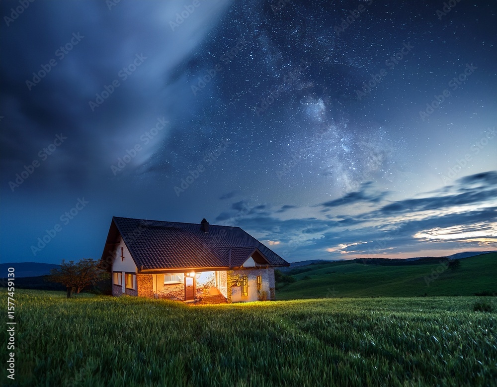 Fototapeta premium landscape with house at night under cloudy sky