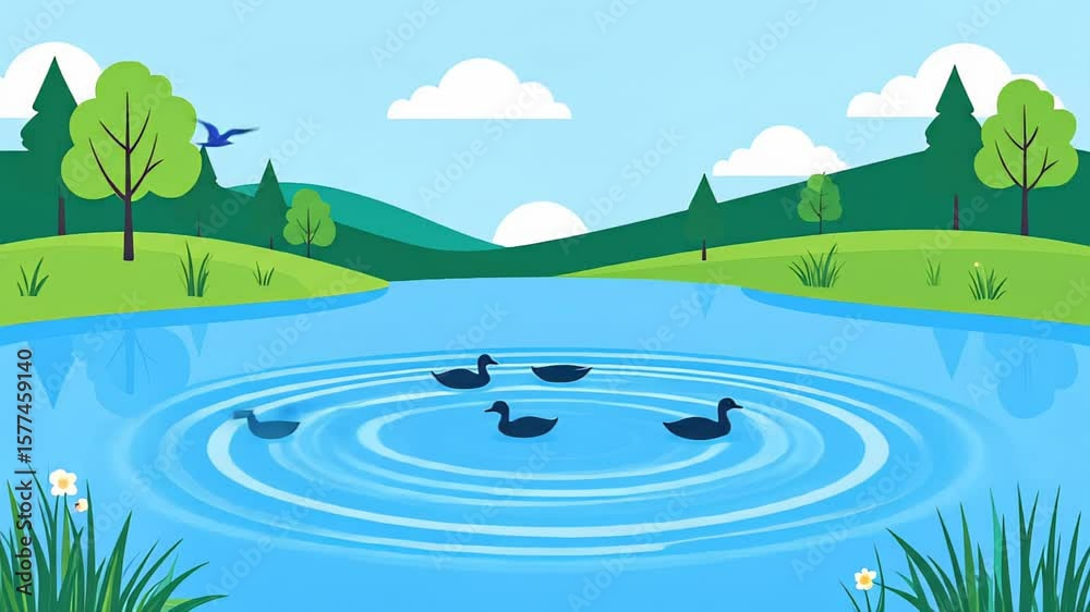 Animated Pond Scene with Ducks, Trees, and Ripples Under a Sunny Sky