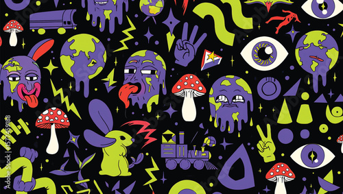 Psychedelic Melting Earth Globes Purple Green Bunny Train Mushrooms Dark Background Pattern