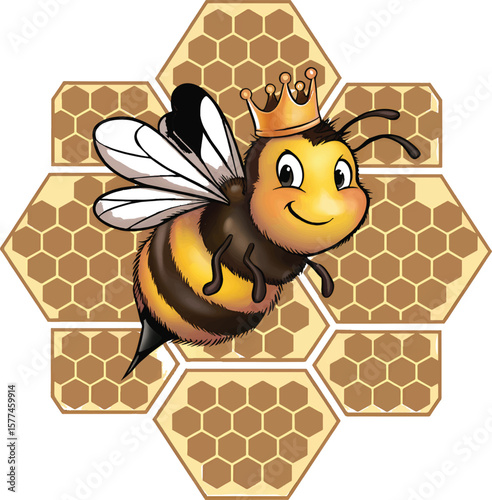Cute Bee with Crown on Honeycomb Background