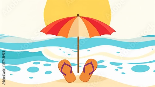 Colorful Beach Scene with Umbrella and Flip-Flops
