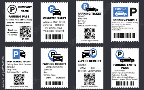 Vector collection of parking ticket and receipt templates with QR codes and barcodes, designed for smart parking systems and transportation services.