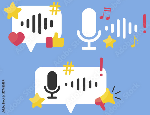 Fun and colorful voice message icons featuring microphone, waveforms, emojis, and hashtags, perfect for social media, messaging apps, and podcast visuals, ideal for user interface design,