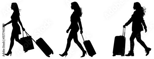 Silhouette set of women traveling with suitcases