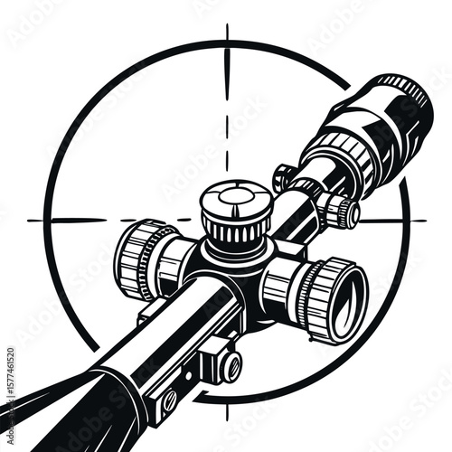 Monochromatic Sniper Scope Illustration with Detailed Knobs and Adjustment Mechanisms, Circular Crosshair Targeting System