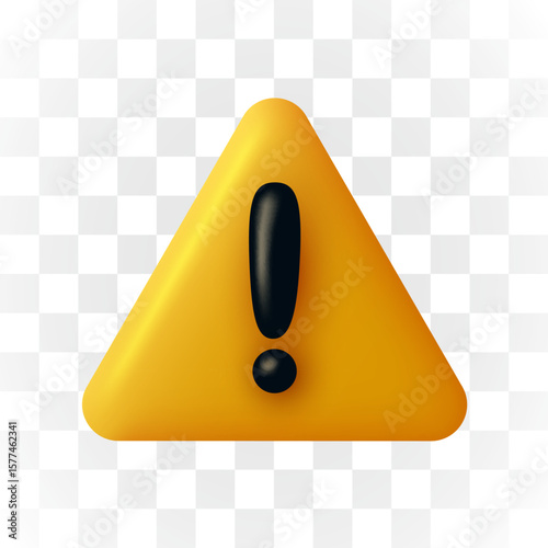 Yellow danger warning triangle 3d icon. Alert, caution or emergency notification. Danger hazard notification sign isolated on transparent background. Vector illustration