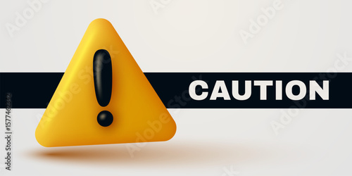 Yellow danger warning triangle 3d icon. Alert, caution or emergency notification. Danger hazard notification. Caution alert notice, triangle warning reminder and emergency attention. Vector