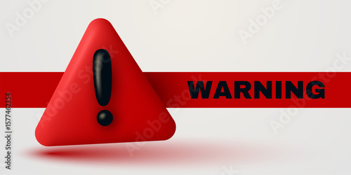 Red danger warning triangle 3d icon. Alert, caution or emergency notification. Danger hazard notification. Caution alert notice, triangle warning reminder and emergency attention. Vector Illustration