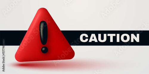 Red danger warning triangle 3d icon. Alert, caution or emergency notification. Danger hazard notification. Caution alert notice, triangle warning reminder and emergency attention. Vector Illustration