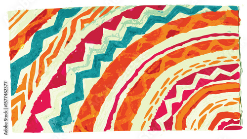 Abstract watercolor painting featuring semicircular bands of orange pink and blue shapes and patterns
