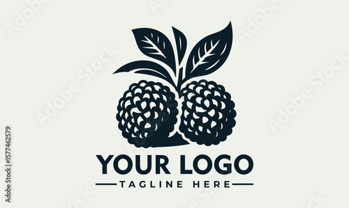 Two blackberries hang from a branch with leaves, depicted in a detailed, stylized illustration.
