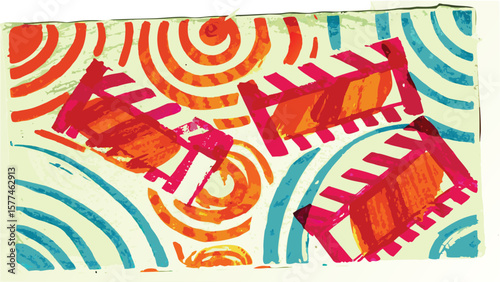 Abstract illustration featuring three red and orange shapes with blue and orange arcs designs