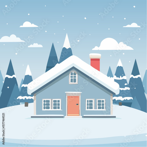 Snow-covered cottage in a serene winter scene