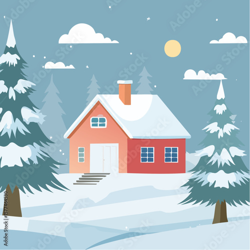 Snow-covered cottage in a serene winter scene