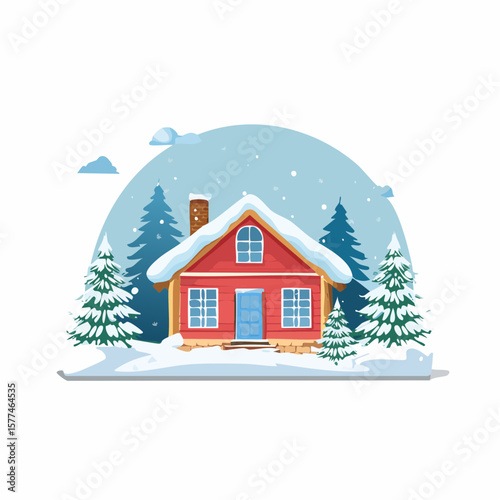 Snow-covered cottage in a serene winter scene