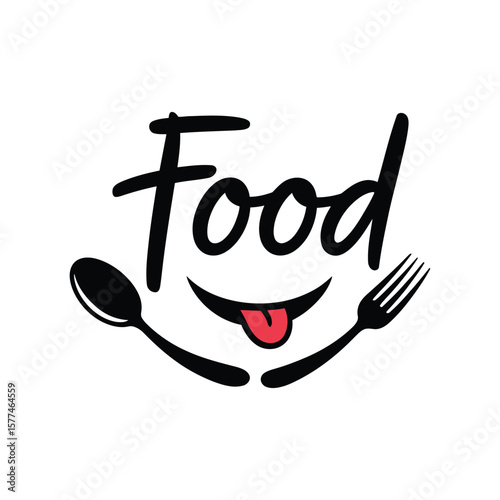 Playful food themed design featuring the word food with spoon fork and a smiling face