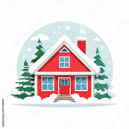 Snow-covered cottage in a serene winter scene