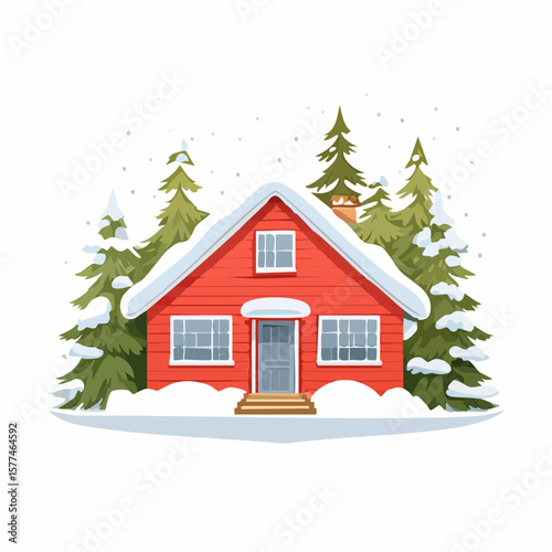 Snow-covered cottage in a serene winter scene