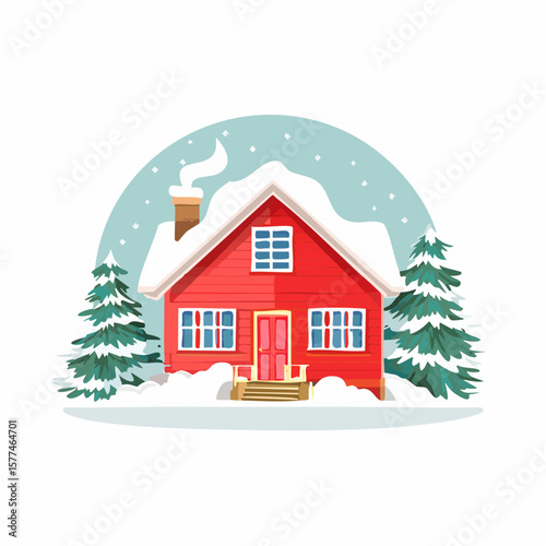 Snow-covered cottage in a serene winter scene