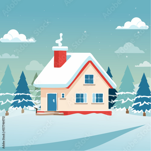 Snow-covered cottage in a serene winter scene