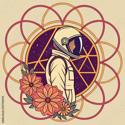 Astronaut in Floral Mandala A Symbolic Journey Through Space and Inner Growth With Cosmic Wonder and Botanical Beauty