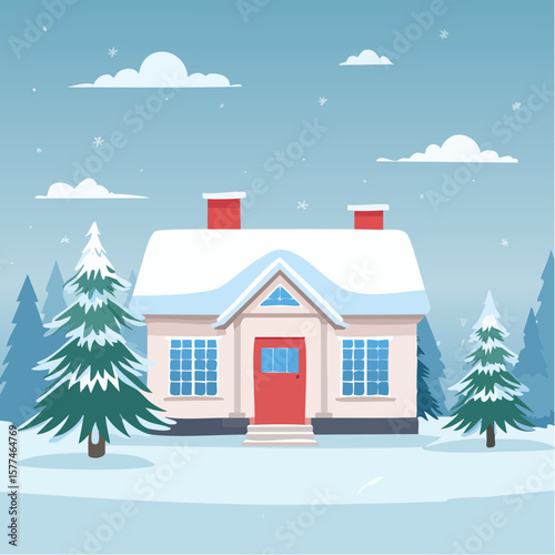 Snow-covered cottage in a serene winter scene