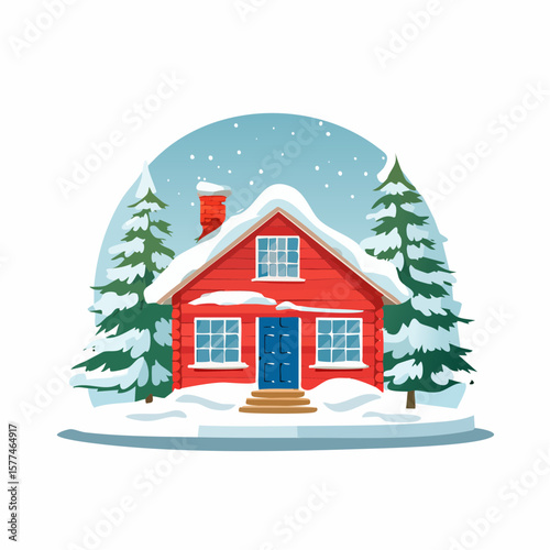 Snow-covered cottage in a serene winter scene