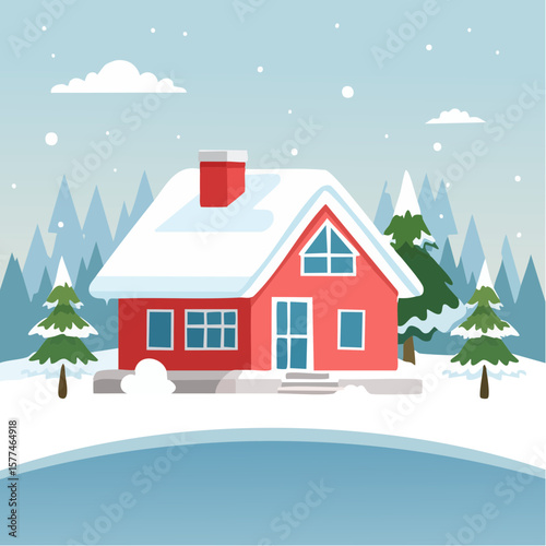 Snow-covered cottage in a serene winter scene