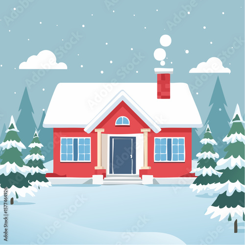 Snow-covered cottage in a serene winter scene