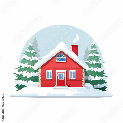 Snow-covered cottage in a serene winter scene