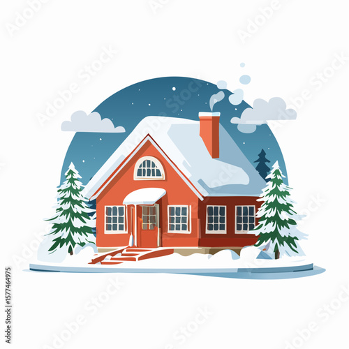 Snow-covered cottage in a serene winter scene