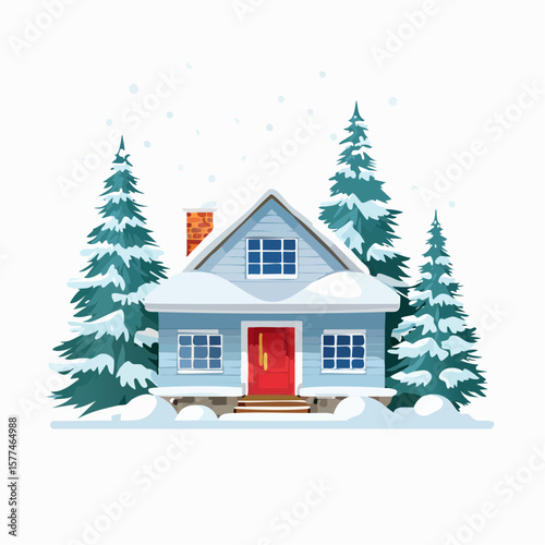Snow-covered cottage in a serene winter scene