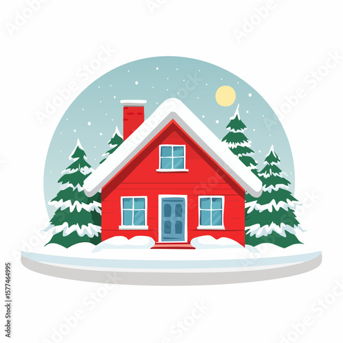 Snow-covered cottage in a serene winter scene