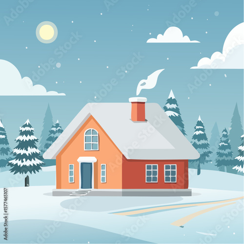 Snow-covered cottage in a serene winter scene