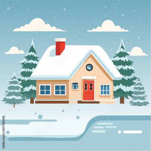 Snow-covered cottage in a serene winter scene